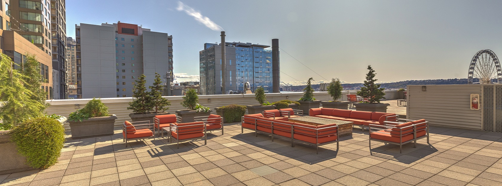 Rooftop patio with a view of downtown