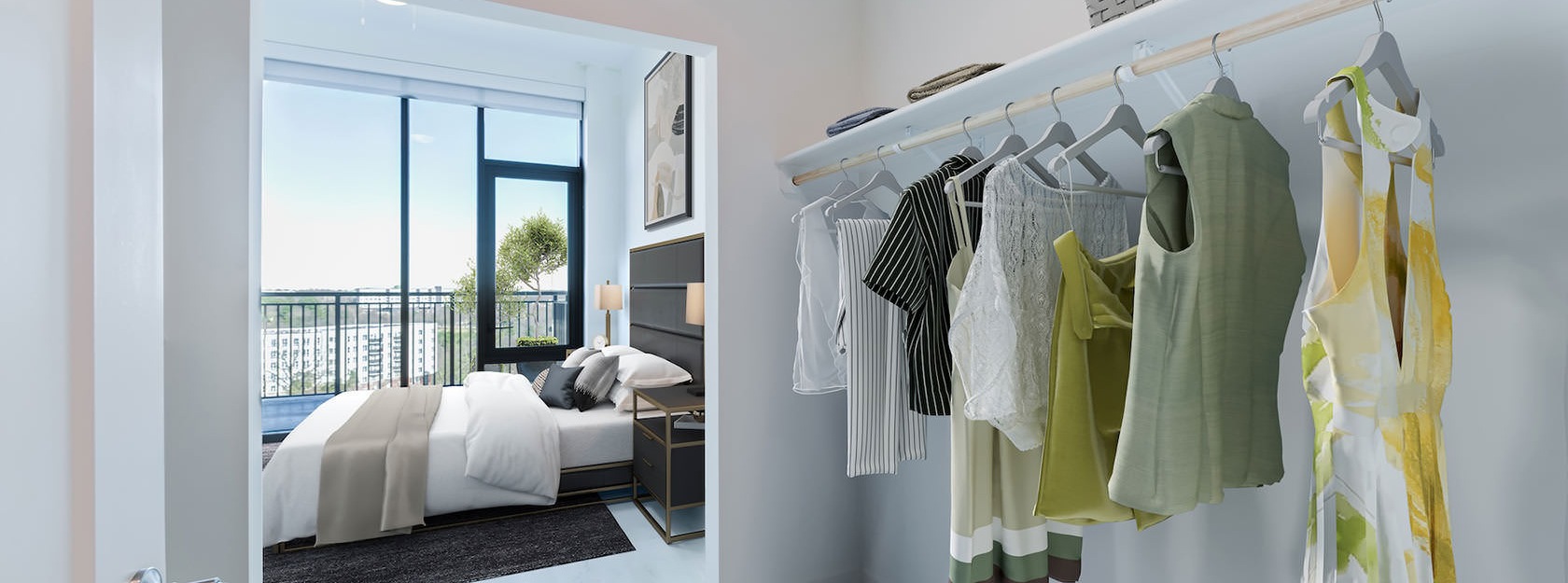 brightly lit walk-in closet
