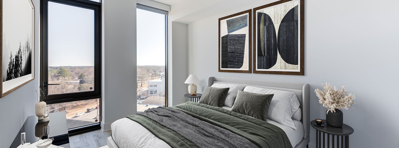 street views from large windows in bedroom