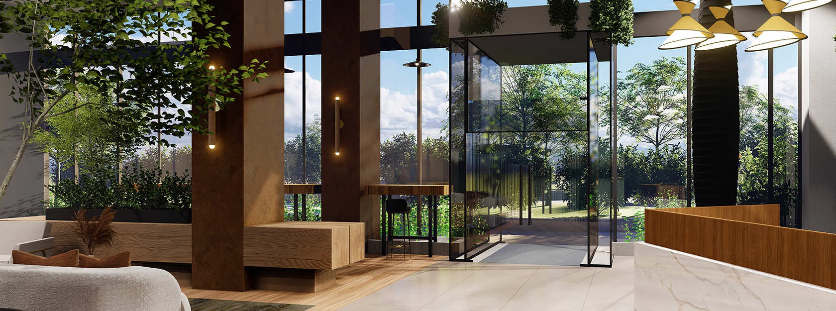 glass walls in beautiful lobby
