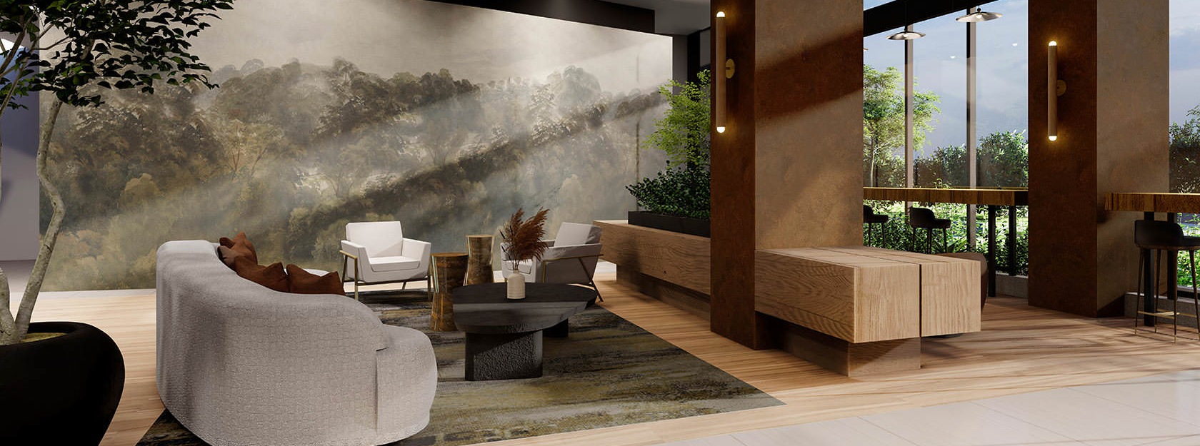 spacious lobby with wood accents